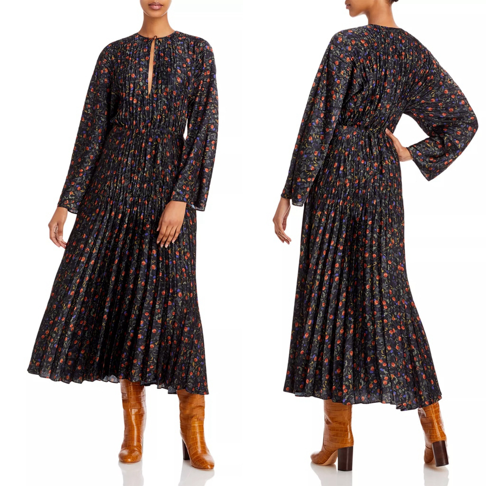NWT Vince Women's Pomegranate Pleated V Neck Maxi Dress Black $545 - Size S